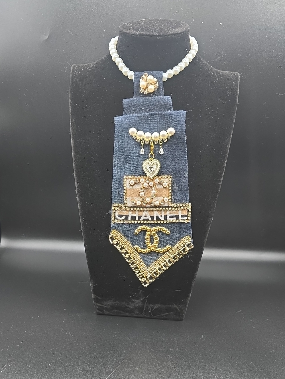 Denim Pearl & Gold Embellished Tie Necklace With Removable Brooch